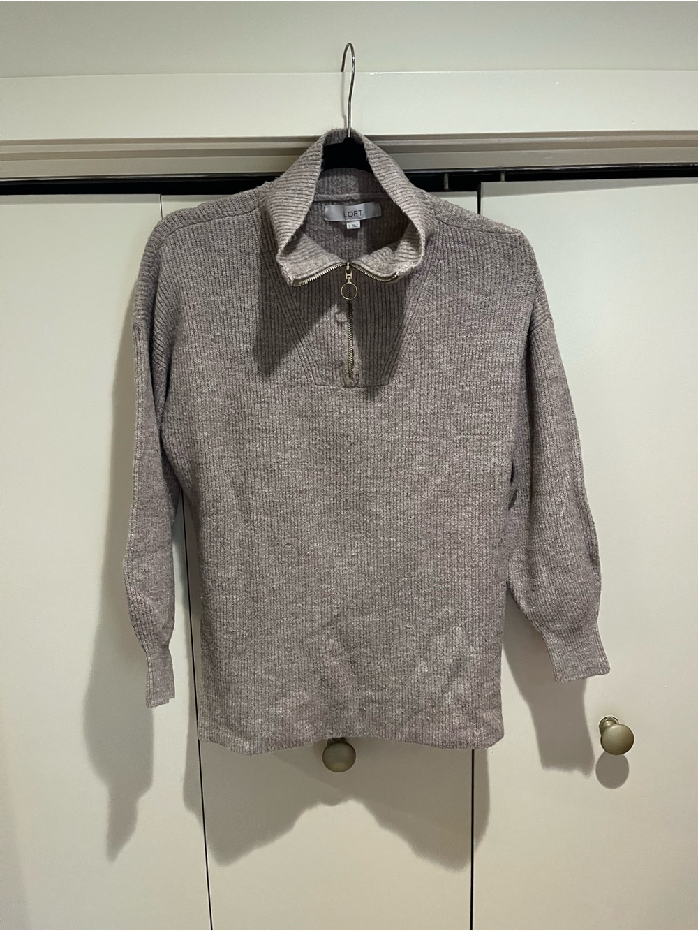 LOFT Women's Taupe Zip-Front Cowl Neck Sweater